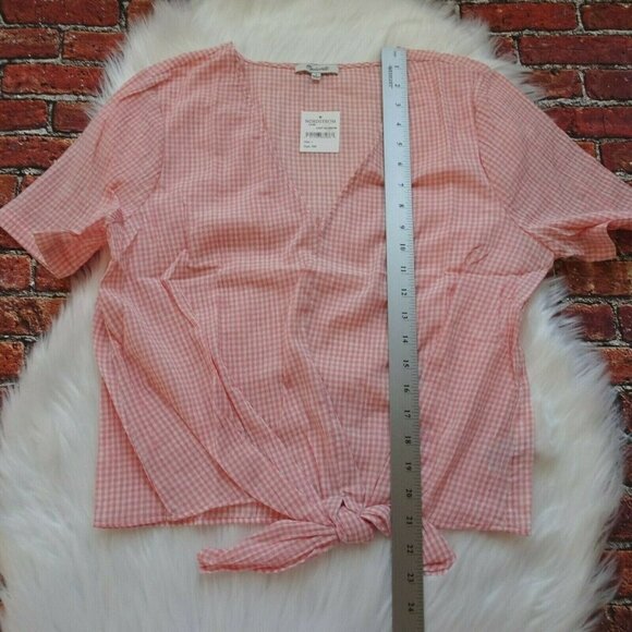 New MADEWELL Novel  Tie Front Top Gingham Check Tie Pink White Light Blossom L - Picture 12 of 12